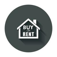 Buy or rent house. Home symbol with the question. Vector illustration in flat style with long shadow.