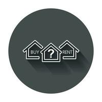 Concept of choice between buying and renting house in line style. Black home icon with the question. Vector illustration in flat style with long shadow.