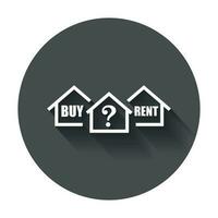 Buy or rent house. Home symbol with the question. Vector illustration in flat style with long shadow.