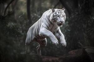 Excited white tiger running and jump in the jungle with green plants on the background. Generative AI. photo