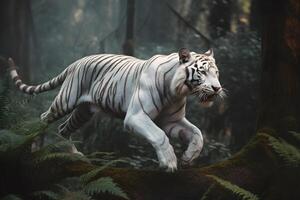 Excited white tiger running and jump in the jungle with green plants on the background. Generative AI. photo