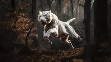 Excited white tiger running and jump in the jungle with green plants on the background. Generative AI. photo