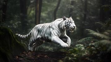 emocionado blanco Tigre corriendo y saltar en el selva con verde plantas en el antecedentes. generativo ai. foto