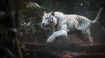 emocionado blanco Tigre corriendo y saltar en el selva con verde plantas en el antecedentes. generativo ai. foto