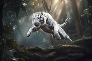 Excited white tiger running and jump in the jungle with green plants on the background. . photo