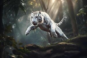 Excited white tiger running and jump in the jungle with green plants on the background. Generative AI. photo