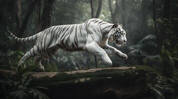 Excited white tiger running and jump in the jungle with green plants on the background. . photo