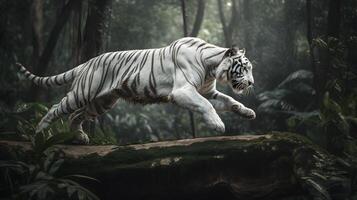 emocionado blanco Tigre corriendo y saltar en el selva con verde plantas en el antecedentes. generativo ai. foto