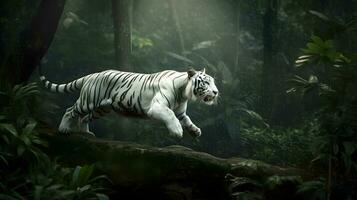 emocionado blanco Tigre corriendo y saltar en el selva con verde plantas en el antecedentes. generativo ai. foto