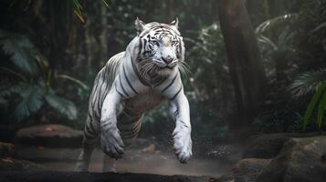 emocionado blanco Tigre corriendo y saltar en el selva con verde plantas en el antecedentes. generativo ai. foto