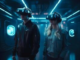 Happy friends playing games wearing virtual reality glasses with controllers. Isolated on future room background. technology. photo