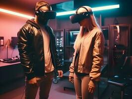 Happy friends playing video games wearing virtual reality glasses with controllers. Isolated on future room background. Generative AI technology. photo