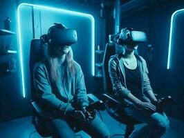 Happy friends playing video games wearing virtual reality glasses with controllers. Isolated on future room background. Generative AI technology. photo