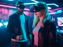 Happy friends playing video games wearing virtual reality glasses with controllers. Isolated on future room background. Generative AI technology. photo