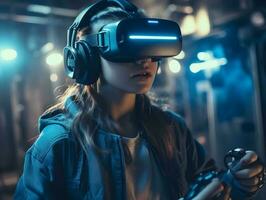 Beautiful young girl with virtual reality goggles. Future technology concept. photo