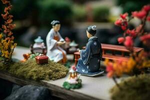 Miniature Japanese vintage wedding, natural diorama. Japanese wife and husband in traditional outfits. Concept of classical romance, love and relationships created with Generative AI Technology photo