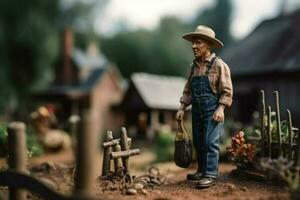 Miniature Farmer working in field. Village diorama. Toy farm in summer and old man. Concept of harvesting created with Generative AI Technology photo