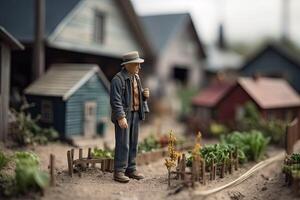 Miniature Farmer working in field. Village diorama. Toy farm in summer and old man. Concept of harvesting created with Generative AI Technology photo