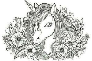 Coloring book with unicorn. Black and white magic horse with horn created with Generative AI Technology photo