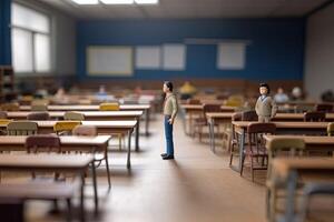 miniatura colegio maestro. pequeño juguete hombre soportes en medio de salón de clases con escritorios y mesas. concepto de educación, formación creado con generativo ai tecnología foto