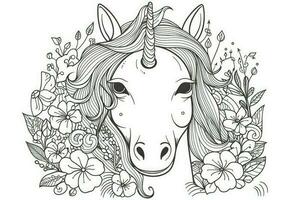 Coloring book with unicorn. Black and white magic horse with horn created with Generative AI Technology photo