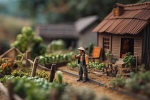 Miniature Asian Farmer working in field. Village diorama. Toy farm in summer and old man. Concept of harvesting created with Generative AI Technology photo