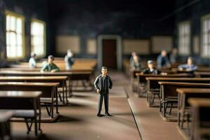 Miniature school teacher. Little toy Man stands in middle of classroom with desks and tables. Concept of education, training created with Generative AI Technology photo