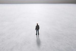 Lonely man stands in middle of empty space. Psychological Concept of loneliness, emptiness, sadness, helplessness created with Generative AI Technology photo