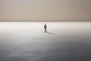 Lonely man stands in middle of empty space. Psychological Concept of loneliness, emptiness, sadness, helplessness created with Generative AI Technology photo