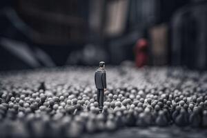 Lonely man among gray crowd. Atmospheric concept of sadness, loneliness, thoughtfulness and search for meaning in life created with Generative AI Technology photo