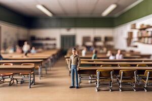 Miniature school teacher. Little toy Man stands in middle of classroom with desks and tables. Concept of education, training created with Generative AI Technology photo