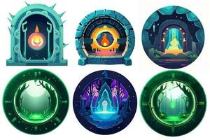Magical portal for game. Icon for RPG fantasy illustrations. Colorful Magical world. Set of Flat colorful cartoon isolaed on white created with Generative AI Technology photo
