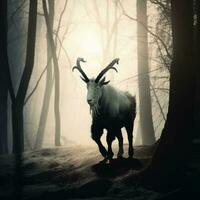 Goat in foggy forest. Wild forest woolly animal. Gloomy mysterious forest created with Generative AI Technology photo