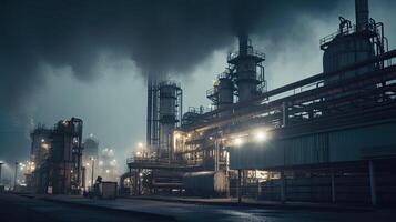 industrial planta con de fumar tubería. noche ver de fábrica. brumoso edificio con tubería creado con generativo ai tecnología foto