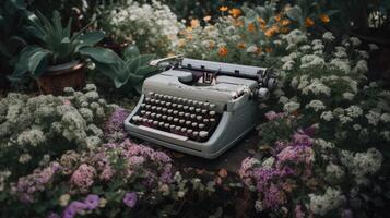 Typewriter and flowers. Concept of creativity, writing. Retro vintage Instrument of poet and writer created with Generative AI Technology photo