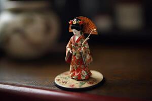 miniatura geisha en kimono. japonés asiático diorama. pequeño mujer en tradicional disfraz creado con generativo ai tecnología foto