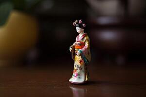 Miniature geisha in kimono. Japanese Asian diorama. Small woman in traditional costume created with Generative AI Technology photo