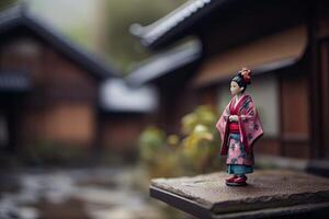 Miniature geisha in kimono. Japanese Asian diorama. Small woman in traditional costume created with Generative AI Technology photo