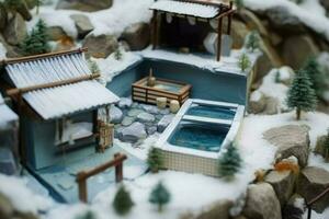 Diorama of Japanese garden. Hot spring, toy holiday home. Miniature of Japanese resort created with Generative AI Technology photo