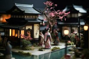 miniatura geisha en kimono. japonés asiático diorama. pequeño mujer en tradicional disfraz creado con generativo ai tecnología foto