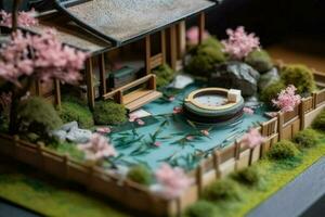 Diorama of Japanese garden. Hot spring, toy holiday home. Miniature of Japanese resort created with Generative AI Technology photo