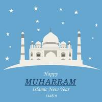 Happy New Hijri Year, Islamic New Year 1445 Hijriyah 1 muharram  card design decorative happy muharram background and Islamic new year greeting card template with Mosque vector