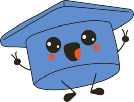 Cute happy funny Graduation Hat with kawaii eyes. Cartoon cheerful school mascot png