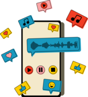 Phone with listening music on screen and decorative design elements. Communication, social networking concept. png