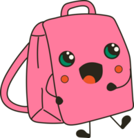 mignonne content marrant sac à dos avec kawaii yeux. dessin animé de bonne humeur école mascotte png