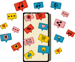 Phone with short messages, icons and emoticons. Chatting with friends and sending new messages. Communication, social networking concept png