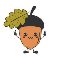 Cute happy funny acorn with kawaii eyes. Cartoon cheerful fall mascot vector