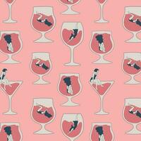 Seamless pattern with Trendy female characters swimming jumping into the glass.People suffering from hard drinking. Concept illustration with depressed characters sink in various alcohol glasses. vector