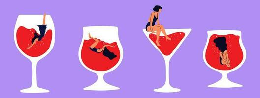 Set of Trendy female characters swimming jumping into the glass.People suffering from hard drinking. Concept illustration with depressed characters sink in various alcohol glasses. vector