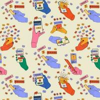 Seamless pattern with Hands holding smartphones with various images. Communication, social networking concept. vector